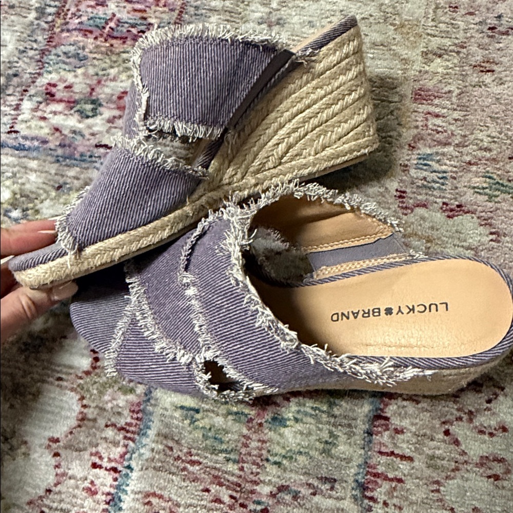 Lucky Brand Purple Frayed Denim Slide Mules